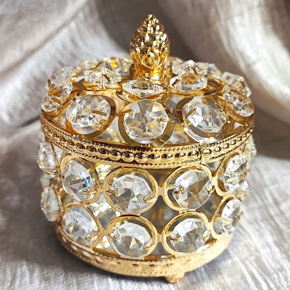 Jewelry Jewel Box Faceted Crystals Heavy Gold Plate Finial Mirrored Velvet NEW - Picture 1 of 8